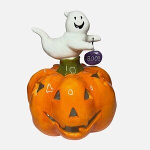 Ghostly Pumpkin 1990s White Orange Small Pumpkin Boo Basket Candle Holder